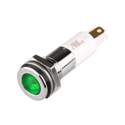 High intensity LED Indicator, 10mm Mounting, Hight bright, Flat Head type, IP67, Green, 24V DC..