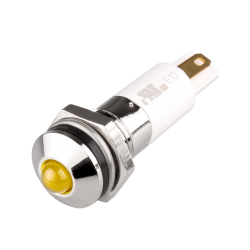 LED Indicator, 10mm Mounting, Round Head type, IP67, Yellow, 24V DC