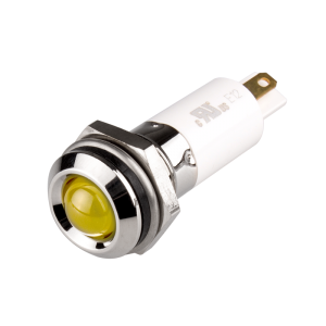 LED Indicator, 12mm Mounting, Round Head type, IP67, Yellow, 24V DC