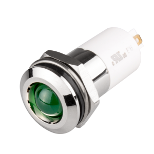 LED Indicator, 16mm Mounting, Round Head type, IP67, Green, 24V DC