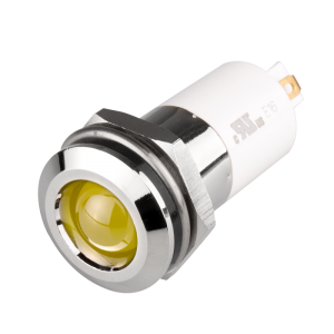 LED Indicator, 16mm Mounting, Round Head type, IP67, Yellow, 24V DC