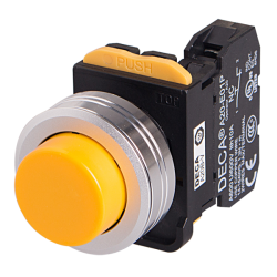 22mm Maintained pushbutton switch, Metal extended head & flush mountable, 1NO 10A 110V, Yellow