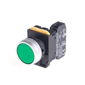 22mm Momentary pushbutton switch, Metal bezel flush head, 110V 10A 1NO, Green