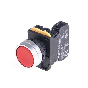 22mm Momentary pushbutton switch, Metal bezel flush head, 110V 10A 1NO, Red