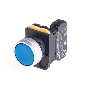 22mm Momentary pushbutton switch, Metal bezel flush head, 110V 10A 1NO, Blue