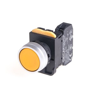 22mm Momentary pushbutton switch, Metal bezel flush head, 110V 10A 1NC, Yellow
