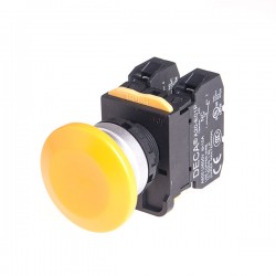 22mm Maintained pushbutton switch, Metal bezel mushroom head, 110V 10A 1NO, Yellow 