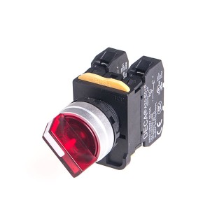 22mm LED illuminated Selector switch, Metal bezel, 2 positions, Spring return from Right, 110V 10A 1NC, LED 24V AC/DC, Red