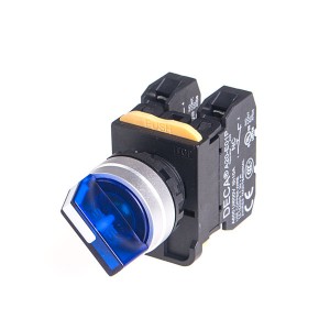 22mm LED illuminated Selector switch, Metal bezel, 2 positions, Spring return from Right, 110V 10A 1NO, LED 240V AC/DC, Blue