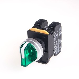22mm LED illuminated Selector switch, Metal bezel, 3 positions, Spring return from 2-way, 110V 10A 2NC, LED 24V AC/DC, Green