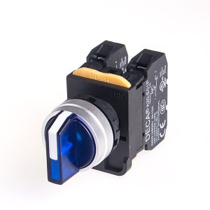 22mm LED illuminated Selector switch, Metal bezel, 3 positions, Spring return from Right, 110V 10A 2NO, LED 220V AC/DC, Blue
