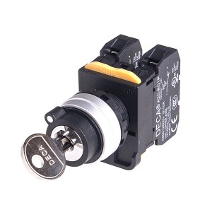 22mm Key selector switch, Metal bezel, 2 positions, Spring return from Right, 110V 10A 1NC