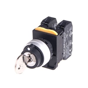 22mm Key selector switch, Metal bezel, 3 positions, Spring return from Right, 110V 10A 2NO