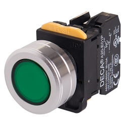 22mm LED Illuminated maintained pushbutton switch, Metal flush head & flush mountable, 1NO 10A 110V, Green LED 230V AC/DC