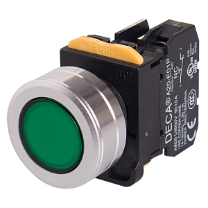 22mm LED Illuminated maintained pushbutton switch, Metal flush head & flush mountable, 1NC, Green LED 12V AC/DC