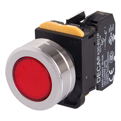 22mm LED Illuminated maintained pushbutton switch, Metal flush head & flush mountable, 1NO 10A 110V, Red LED 230V AC/DC