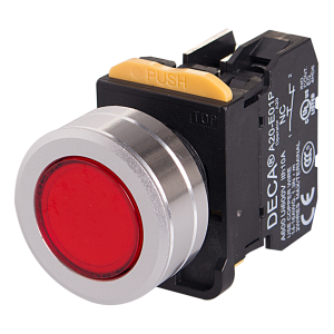 22mm LED Illuminated momentary pushbutton switch, Metal flush head & flush mountable, 1NO, Red LED 110V AC/DC