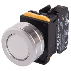 22mm LED Illuminated maintained pushbutton switch, Metal flush head & flush mountable, 1NO 10A 110V, White LED 110V AC/DC