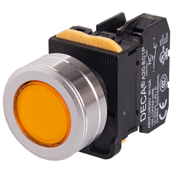 22mm LED Illuminated maintained pushbutton switch, Metal flush head & flush mountable, 1NO 10A 110V, Yellow LED 110V AC/DC