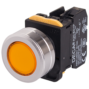 22mm LED Illuminated momentary pushbutton switch, Metal flush head & flush mountable, 1NO 10A 110V, Yellow LED 24V AC/DC