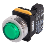 22mm LED Illuminated maintained pushbutton switch, Metal flush head & flush mountable, 1NO, Green LED 12V AC/DC