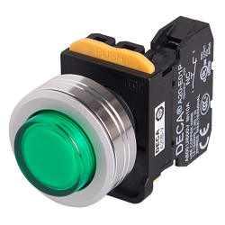 22mm LED Illuminated momentary pushbutton switch, Metal extended head & flush mountable, 1NO 10A 110V, Green LED 230V AC/DC