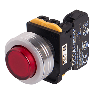 22mm LED Illuminated momentary pushbutton switch, Metal extended head & flush mountable, 1NO, Red LED 230V AC/DC