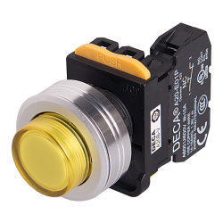 22mm LED Illuminated maintained pushbutton switch, Metal flush head & flush mountable, 1NC 10A 110V, Yellow LED 12V AC/DC