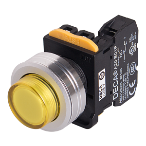 22mm LED Illuminated maintained pushbutton switch, Metal flush head & flush mountable, 1NC, Yellow LED 24V AC/DC