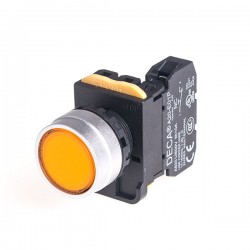 22mm LED Illuminated maintained pushbutton switch, Metal bezel flush head, 110V 10A 1NO, LED 110V AC/DC, Yellow