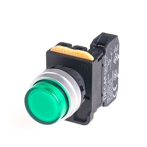 22mm LED Illuminated momentary pushbutton switch, Metal bezel extended head, 1NO, LED 220V AC/DC, Green