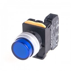 22mm LED Illuminated maintained pushbutton switch, Metal bezel extended head, 110V 10A 1NO, LED 12V AC/DC, Blue