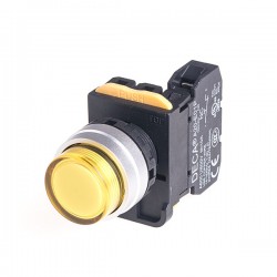 22mm LED Illuminated maintained pushbutton switch, Metal bezel extended head, 110V 10A 1NO, LED 110V AC/DC, Yellow