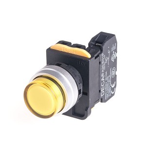 22mm LED Illuminated maintained pushbutton switch, Metal bezel extended head, 1NC, LED 110V AC/DC, Yellow