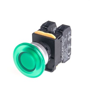 22mm LED Illuminated maintained pushbutton switch, Metal bezel mushroom head, 110V 10A 1NC, LED 24V AC/DC, Green