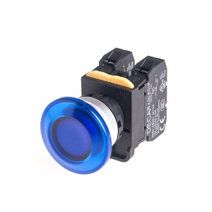 22mm LED Illuminated maintained pushbutton switch, Metal bezel mushroom head, 1NC, LED 220V AC/DC, Blue