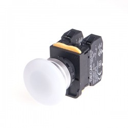 22mm LED Illuminated maintained pushbutton switch, Metal bezel mushroom head, 110V 10A 1NO, LED 110V AC/DC, White