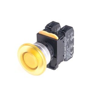 22mm LED Illuminated maintained pushbutton switch, Metal bezel mushroom head, 110V 10A 1NC, LED 220V AC/DC, Yellow