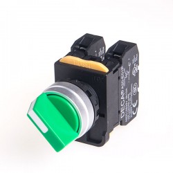 22mm Selector switch, Metal bezel, Spring return from Right, 2 positions, 1NO, Green Knob