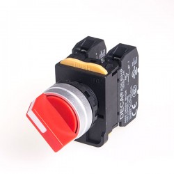 22mm Selector switch, Metal bezel, Spring return from Right, 2 positions, 1NO, Red Knob