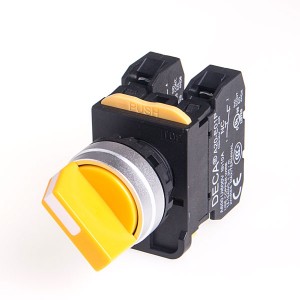 22mm Selector switch, Metal bezel, Spring return from Right, 2 positions, 1NO, Yellow Knob