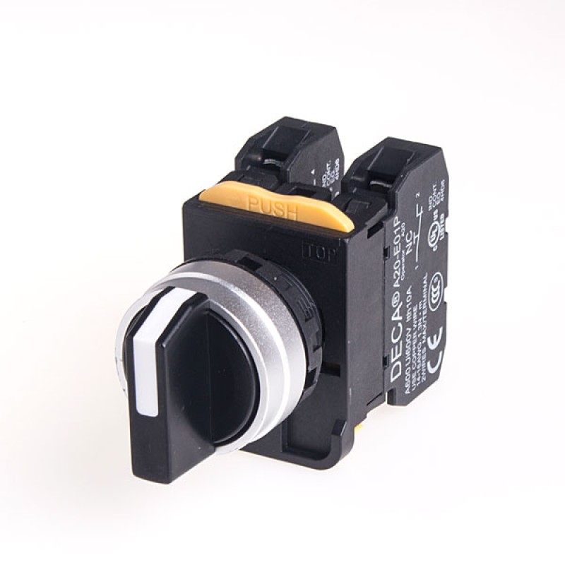 22mm Selector switch, Metal bezel, Maintained 3 positions, 110V 10A 2NC,  Black Knob