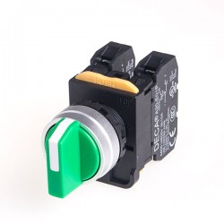 22mm Selector switch, Metal bezel, Spring return from Right, 3 positions, 2NC, Green Knob