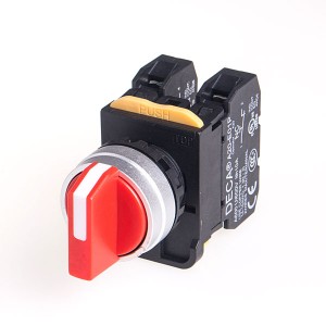 22mm Selector switch, Metal bezel, Spring return from 2-way, 3 positions, 2NO, Red Knob