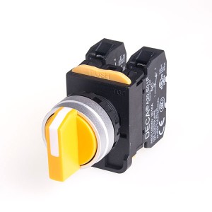 22mm Selector switch, Metal bezel, Spring return from Right, 3 positions, 2NO, Yellow Knob