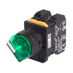22mm Selector switch, 2 positions, Illuminated, Maintained, 1NC, Green Knob & LED 230V AC/DC