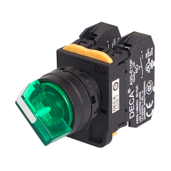 22mm Selector switch, 2 positions, Illuminated, Maintained, 1NC 10A 110V, Green Knob & LED 24V AC/DC