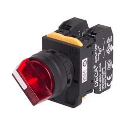 22mm Selector switch, 2 positions, Illuminated, Spring return from right, 1NC 10A 110V, Red Knob & LED 24V AC/DC