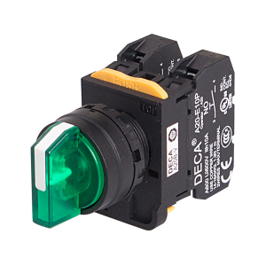 22mm Selector switch, 3 positions, Illuminated, Spring return from 2-way, 2NC 10A 110V, Green Knob & LED 110V AC/DC