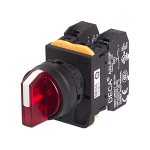 22mm Selector switch, 3 positions, Illuminated, Maintained, 2NO 10A 110V, Red Knob & LED 24V AC/DC